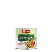 Dose Gefro Bio Kräuterwürze mit 13 Kräutern und Gewürzen, Produktverpackung mit grünem Etikett und Holzschaufel