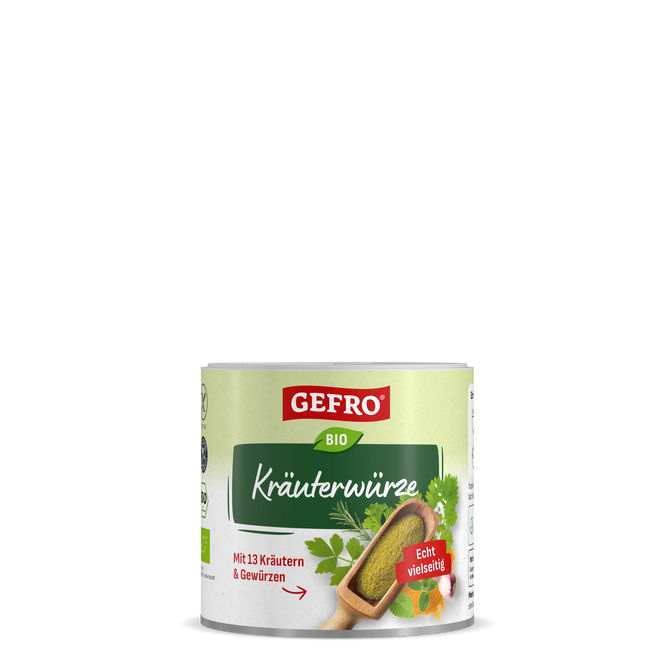 Dose Gefro Bio Kräuterwürze mit 13 Kräutern und Gewürzen, Produktverpackung mit grünem Etikett und Holzschaufel