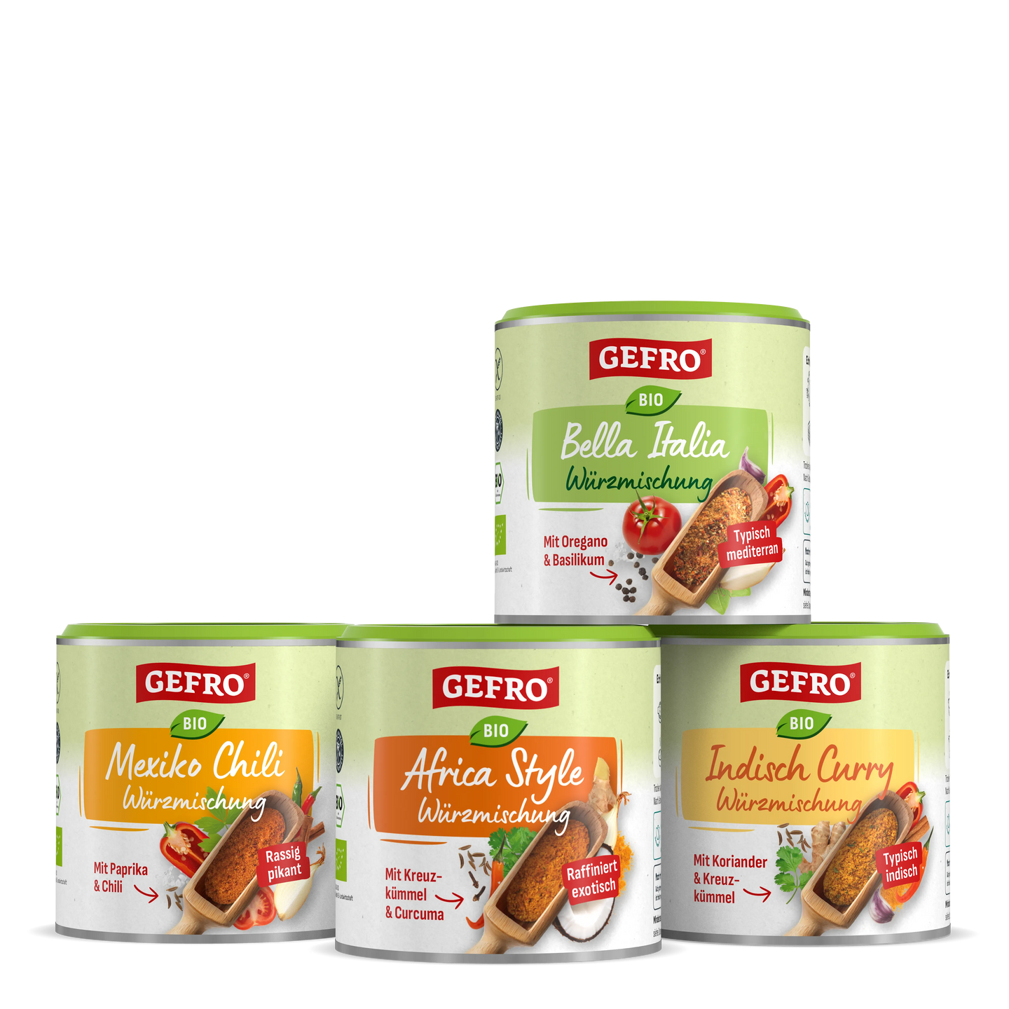 Vier Dosen GEFRO Bio Gewürzmischung: Bella Italia, Mexiko Chili, Africa Style und Indisch Curry im Set