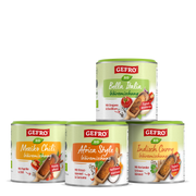 Vier Dosen GEFRO Bio Gewürzmischung: Bella Italia, Mexiko Chili, Africa Style und Indisch Curry im Set