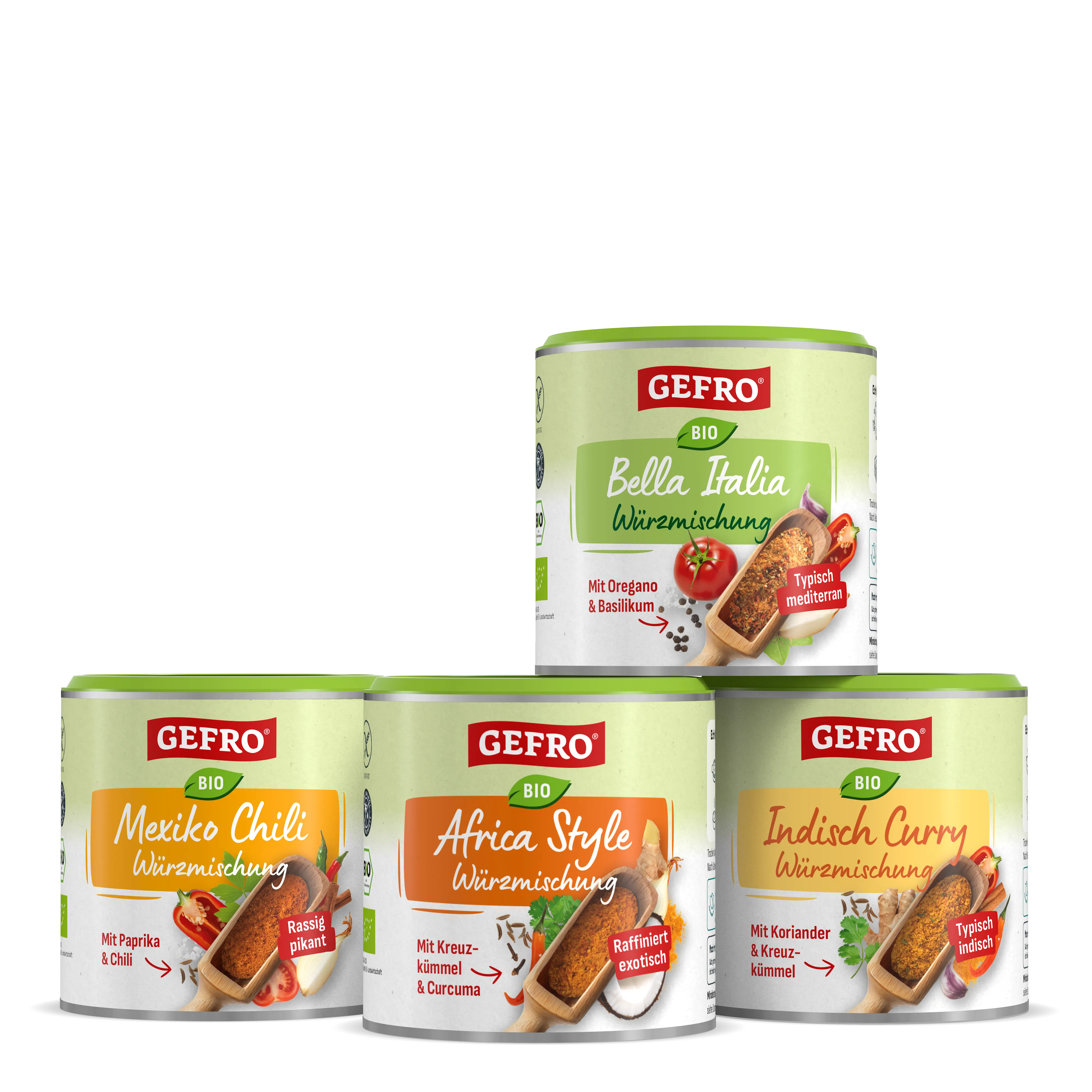 Vier Dosen GEFRO Bio Gewürzmischung: Bella Italia, Mexiko Chili, Africa Style und Indisch Curry im Set