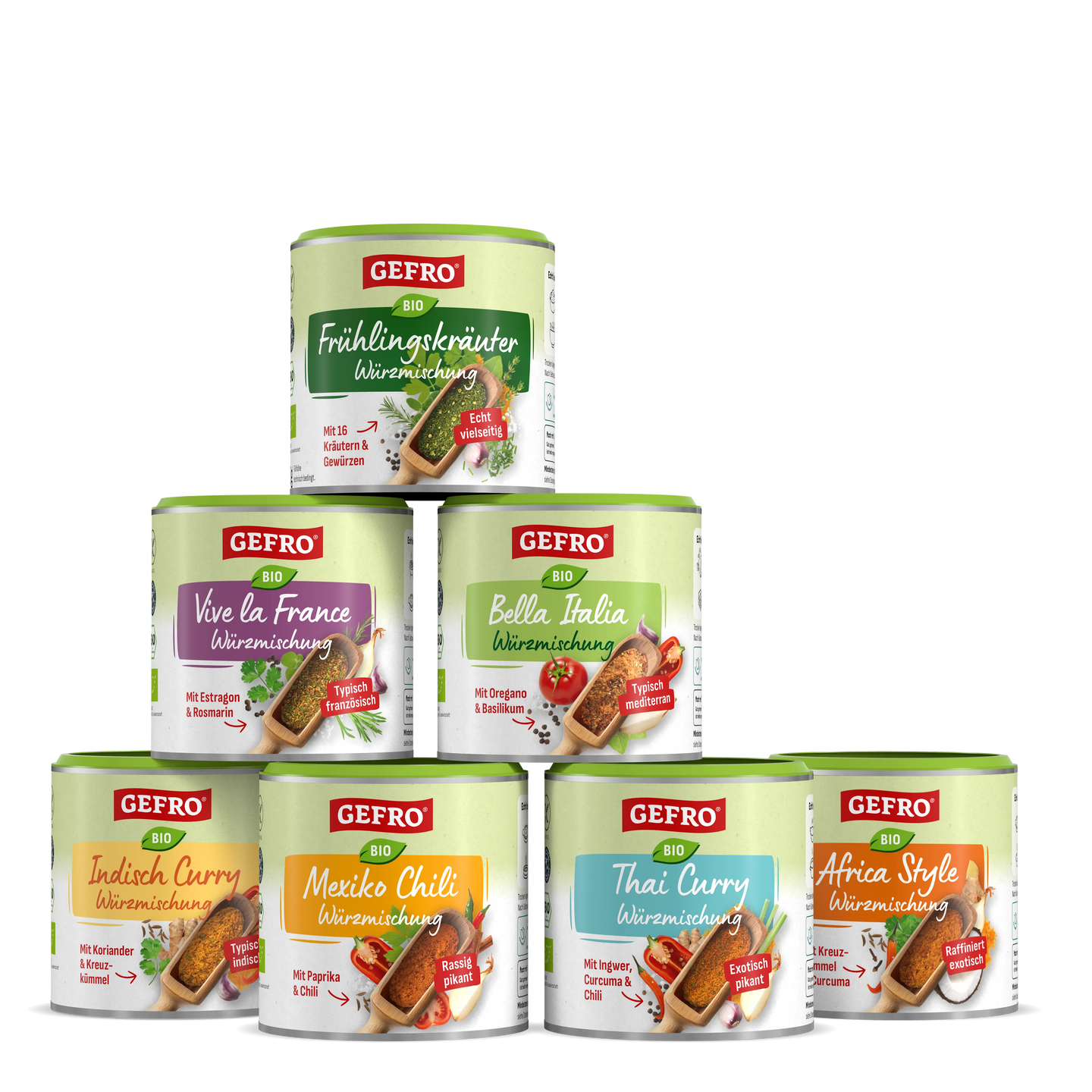 Sieben Dosen GEFR0 Bio-Würzmischungen, sortiert nach Ländern und Curry-Varianten, als Produktübersicht gestapelt