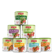 Sieben Dosen GEFR0 Bio-Würzmischungen, sortiert nach Ländern und Curry-Varianten, als Produktübersicht gestapelt