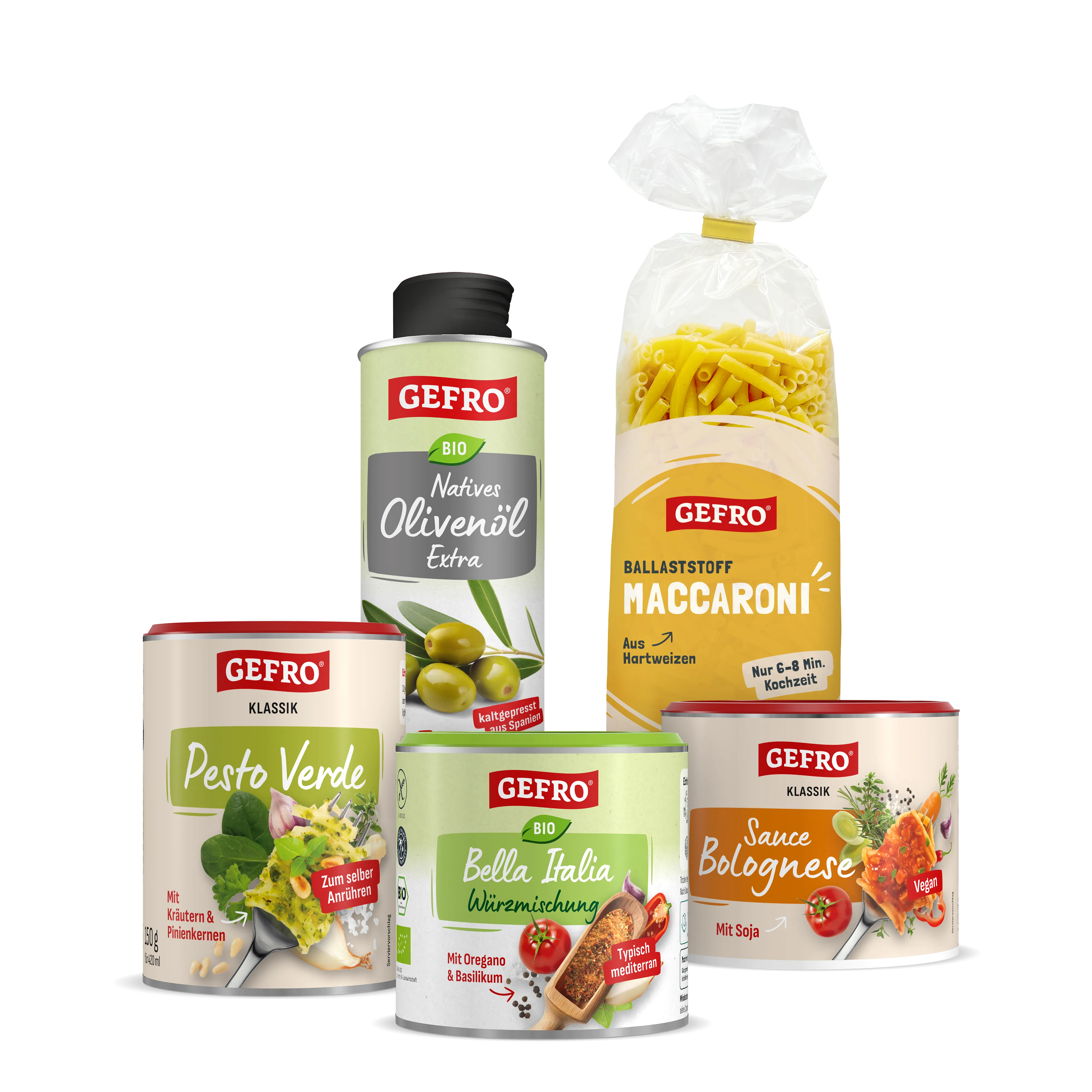 GEFRO Produkte für italienische Küche: Maccaroni, Olivenöl, Pesto Verde, Würzmischung und Sauce Bolognese.