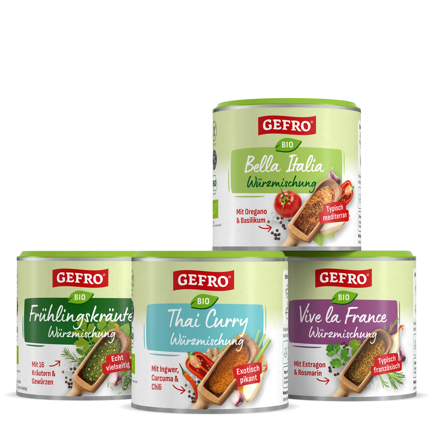 Vier GEFRÖ Bio Würzmischungen in Dosen: Bella Italia, Frühlingskräuter, Thai Curry und Vive la France.