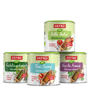 Vier GEFRÖ Bio Würzmischungen in Dosen: Bella Italia, Frühlingskräuter, Thai Curry und Vive la France.