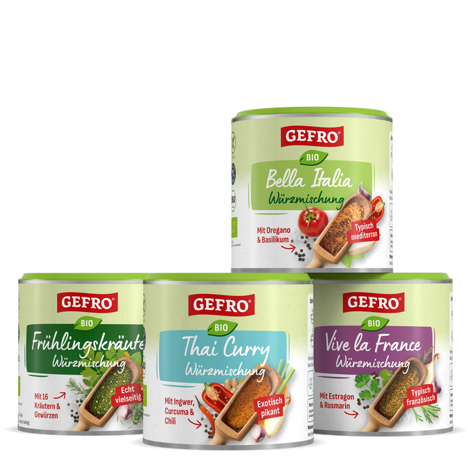 Vier GEFRÖ Bio Würzmischungen in Dosen: Bella Italia, Frühlingskräuter, Thai Curry und Vive la France.