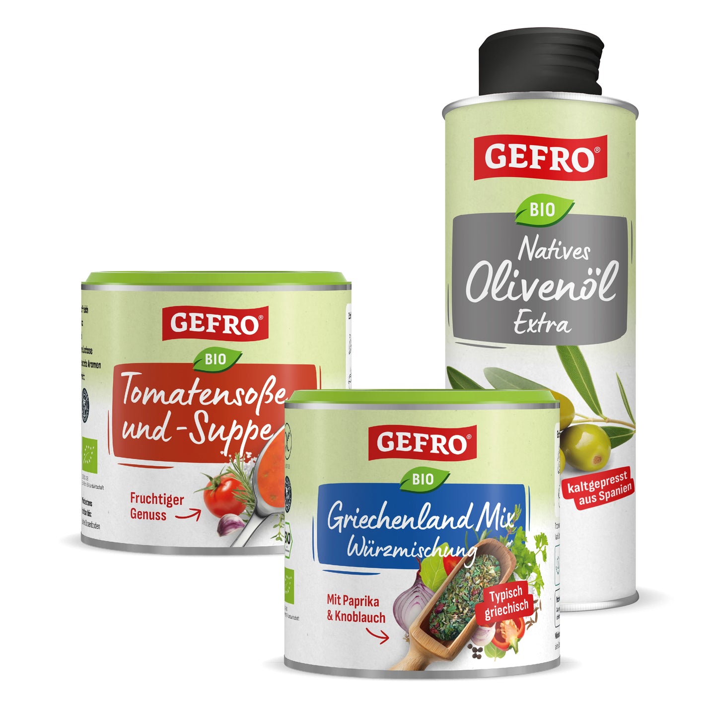 „Drei GEFRO Bio-Produkte: Bio Tomatensoße und Suppe, Bio Würzmischung Griechenland Mix und Bio Natives Olivenöl Extra.“