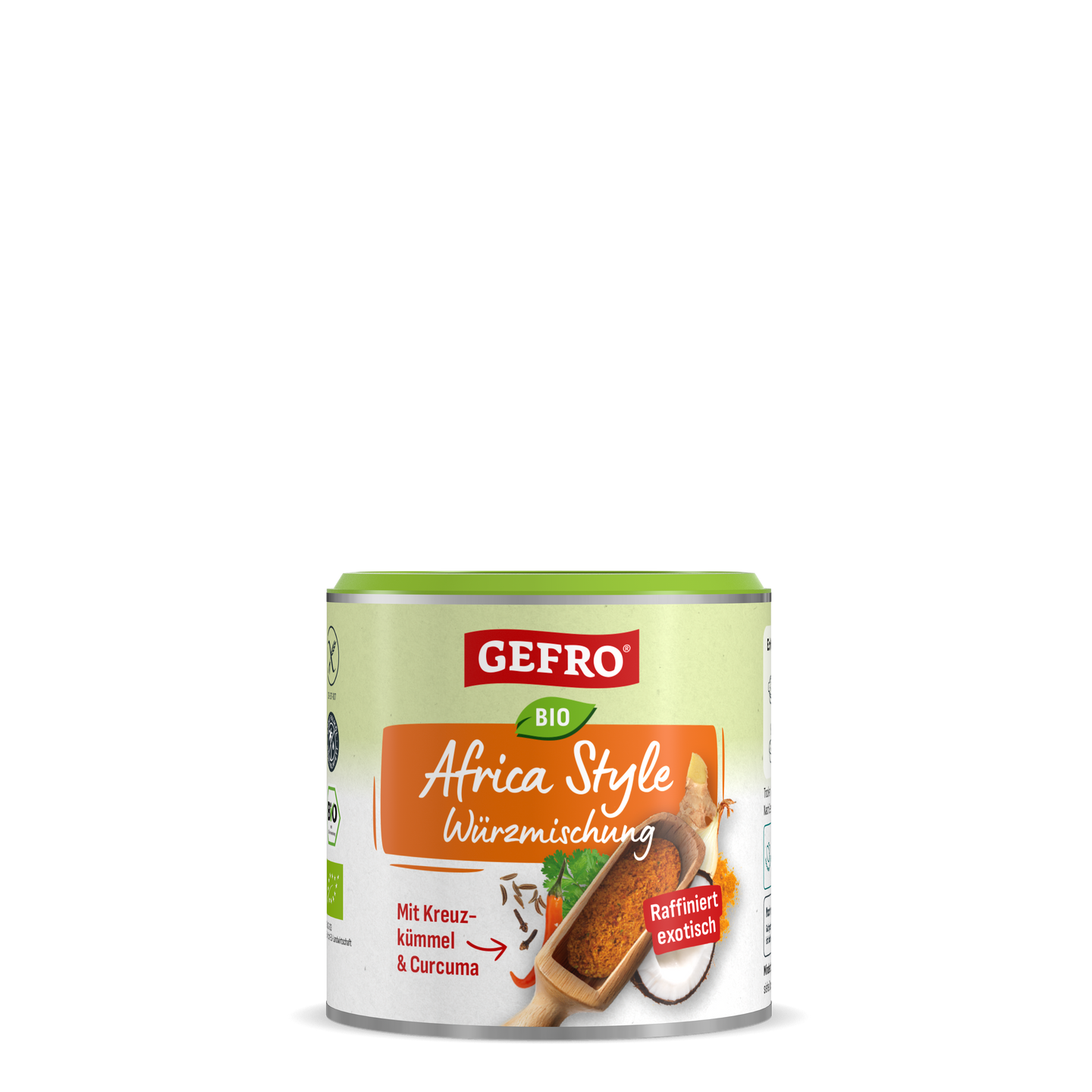 Dose mit grünem Deckel zeigt GEFRO Africa Style Würzmischung Bio mit Kreuzkümmel Curcuma auf orange-weißem Etikett und Gewürzbild