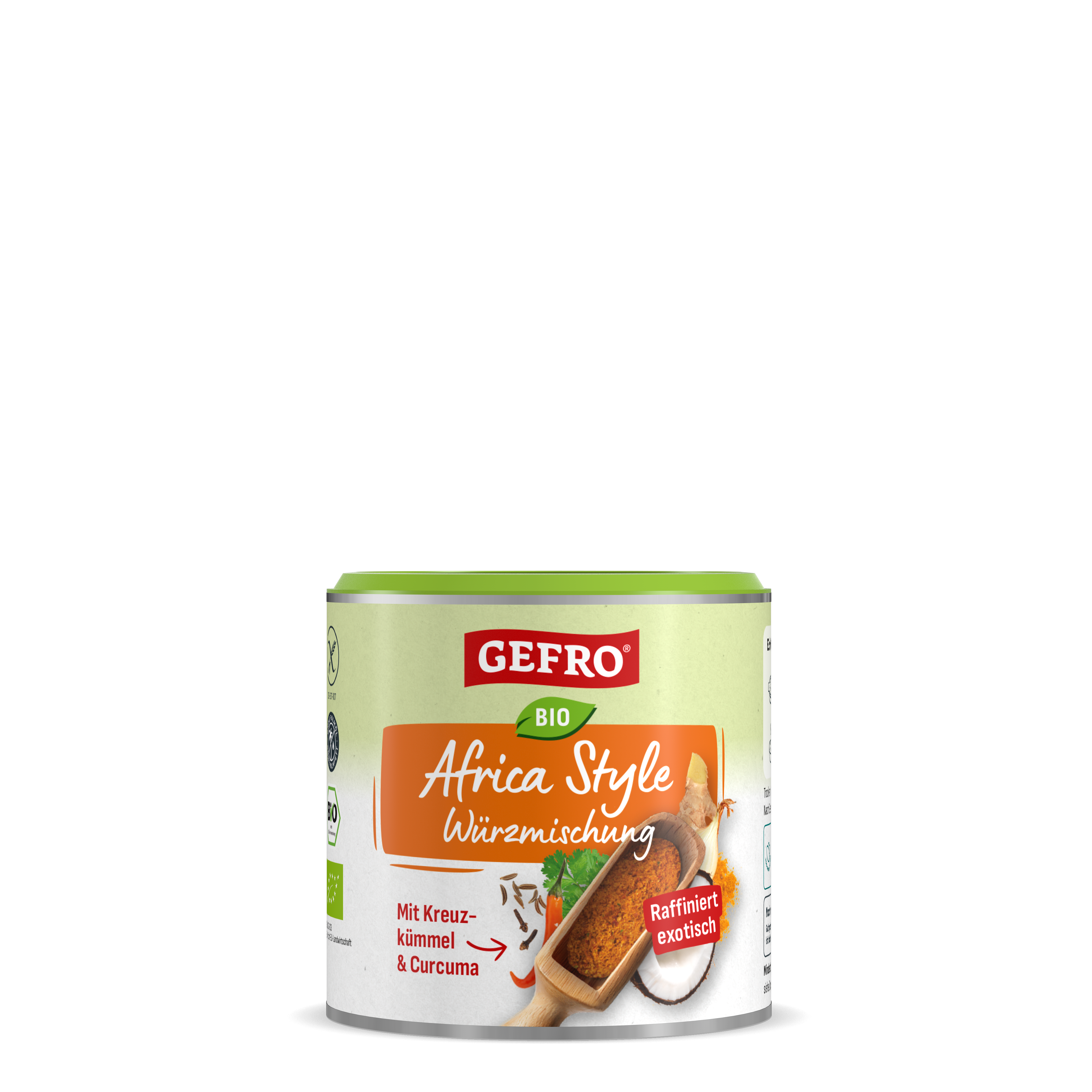 Dose mit grünem Deckel zeigt GEFRO Africa Style Würzmischung Bio mit Kreuzkümmel Curcuma auf orange-weißem Etikett und Gewürzbild