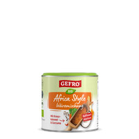 Dose GEFRO Bio Africa Style Würzmischung mit Kreuzkümmel und Curcuma, frontale Produktansicht vor schwarzem Hintergrund