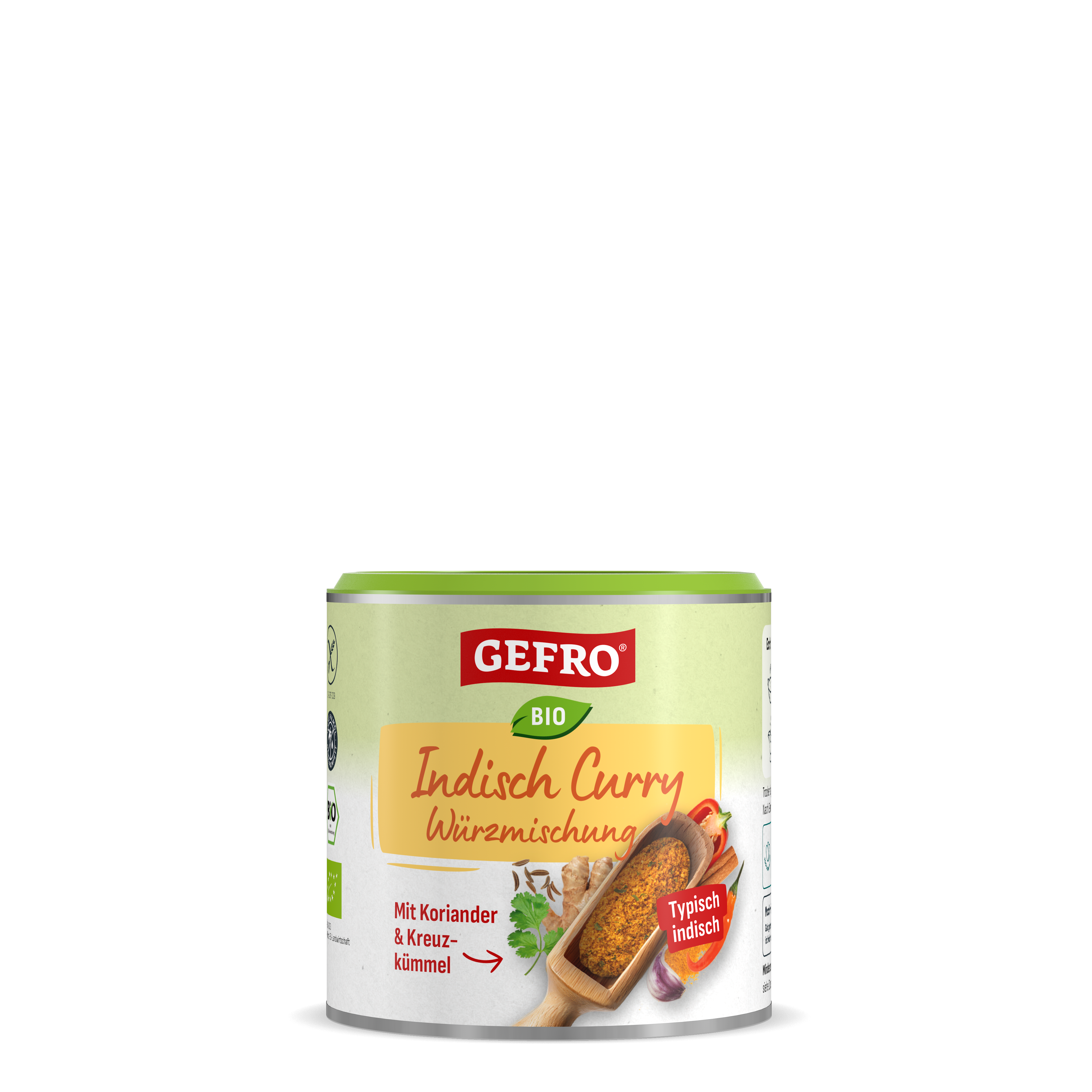 Dose GEFRO Bio Indisch Curry Würzmischung, Vorderansicht mit Gewürzschaufel und typischen Zutaten auf hellem Etikett