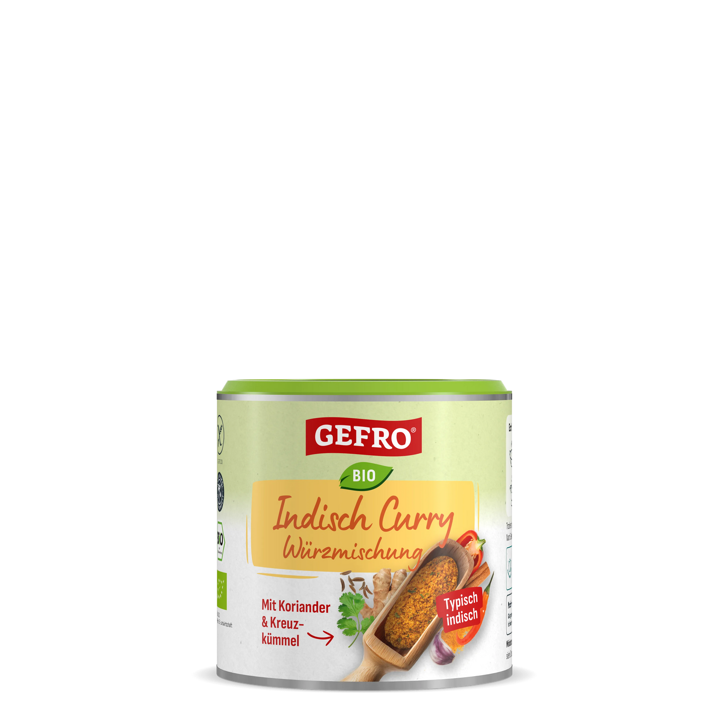 Dose GEFRO Bio Indisch Curry Würzmischung mit grünem Deckel und Gewürzabbildung auf weißem Hintergrund