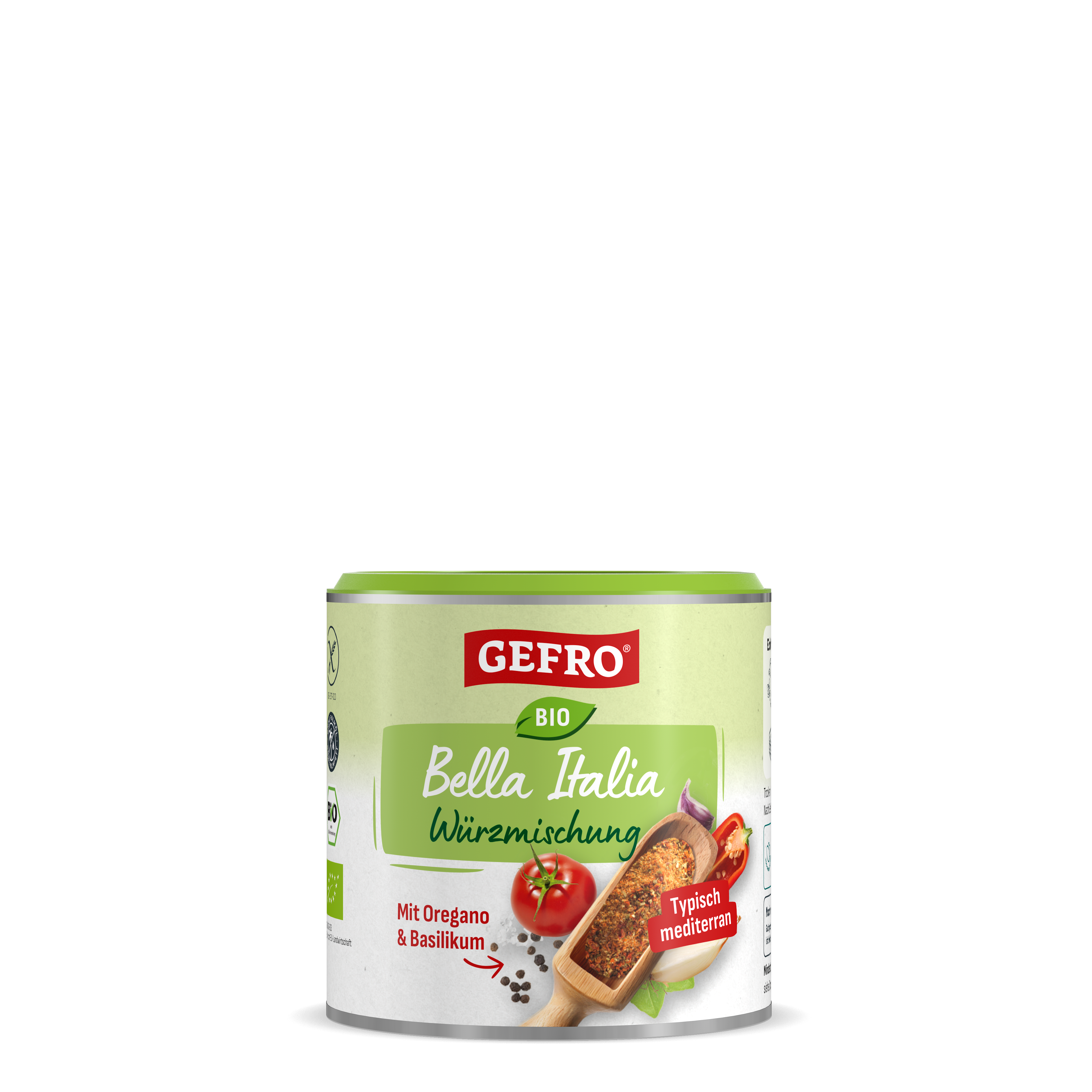 Dose GEFRO Bio Bella Italia Würzmischung, italienische Gewürze mit Oregano und Basilikum, frontal gezeigt vor schwarzem Hinterg...