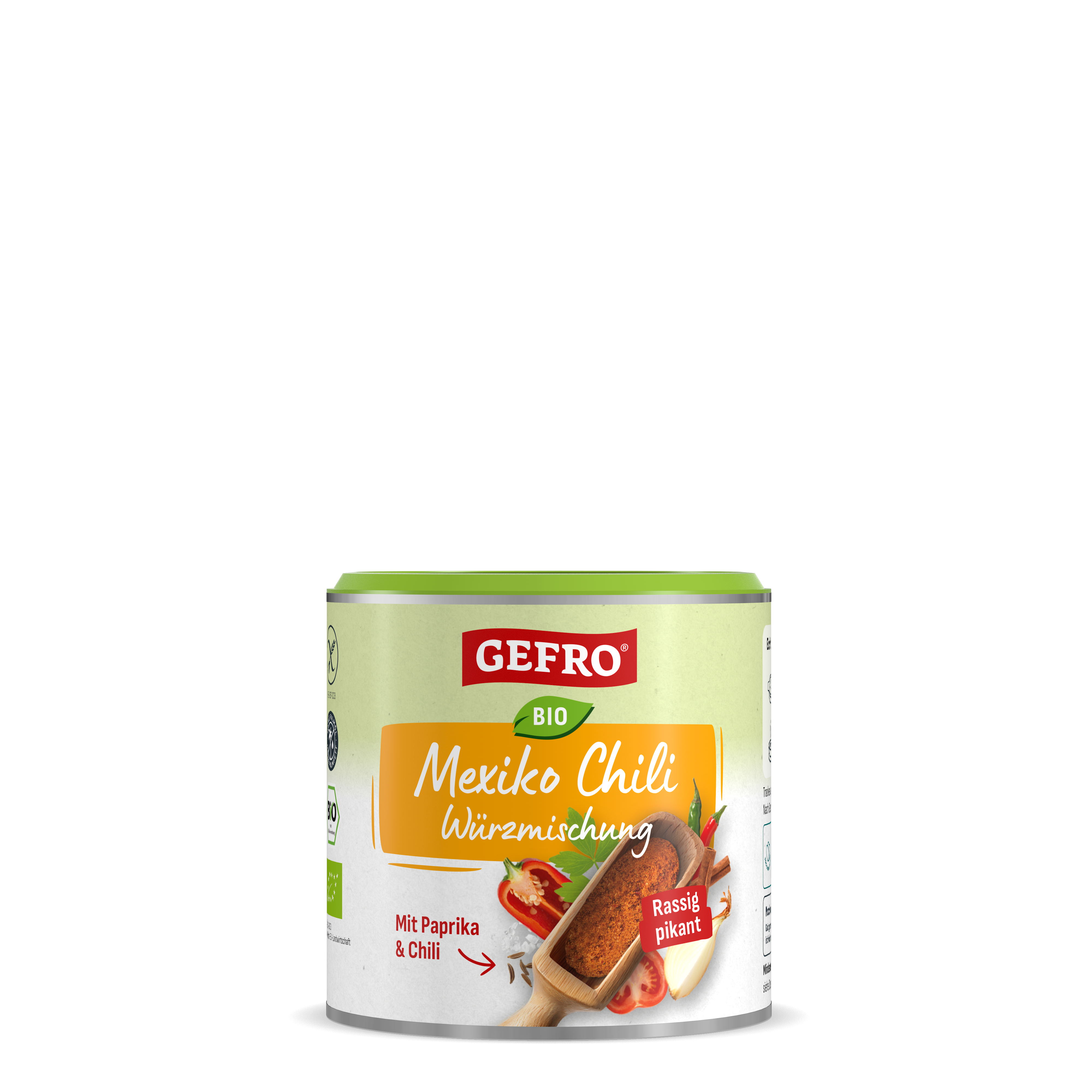 Dose GEFRO Bio Mexiko Chili Würzmischung, rötlich-braunes Gewürz mit Paprika und Chili, für würzige Speisen