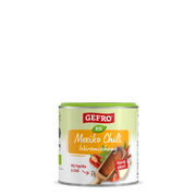 Dose GEFRO Bio Mexiko Chili Würzmischung mit Paprika und Chili, runde Verpackung mit grünem Deckel vor schwarzem Hintergrund