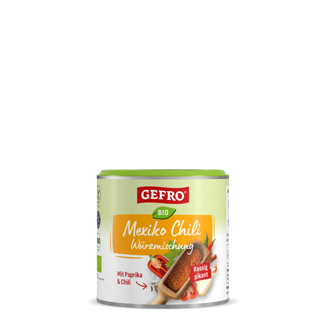 Dose GEFRO Bio Mexiko Chili Würzmischung mit Paprika und Chili, runde Verpackung mit grünem Deckel vor schwarzem Hintergrund