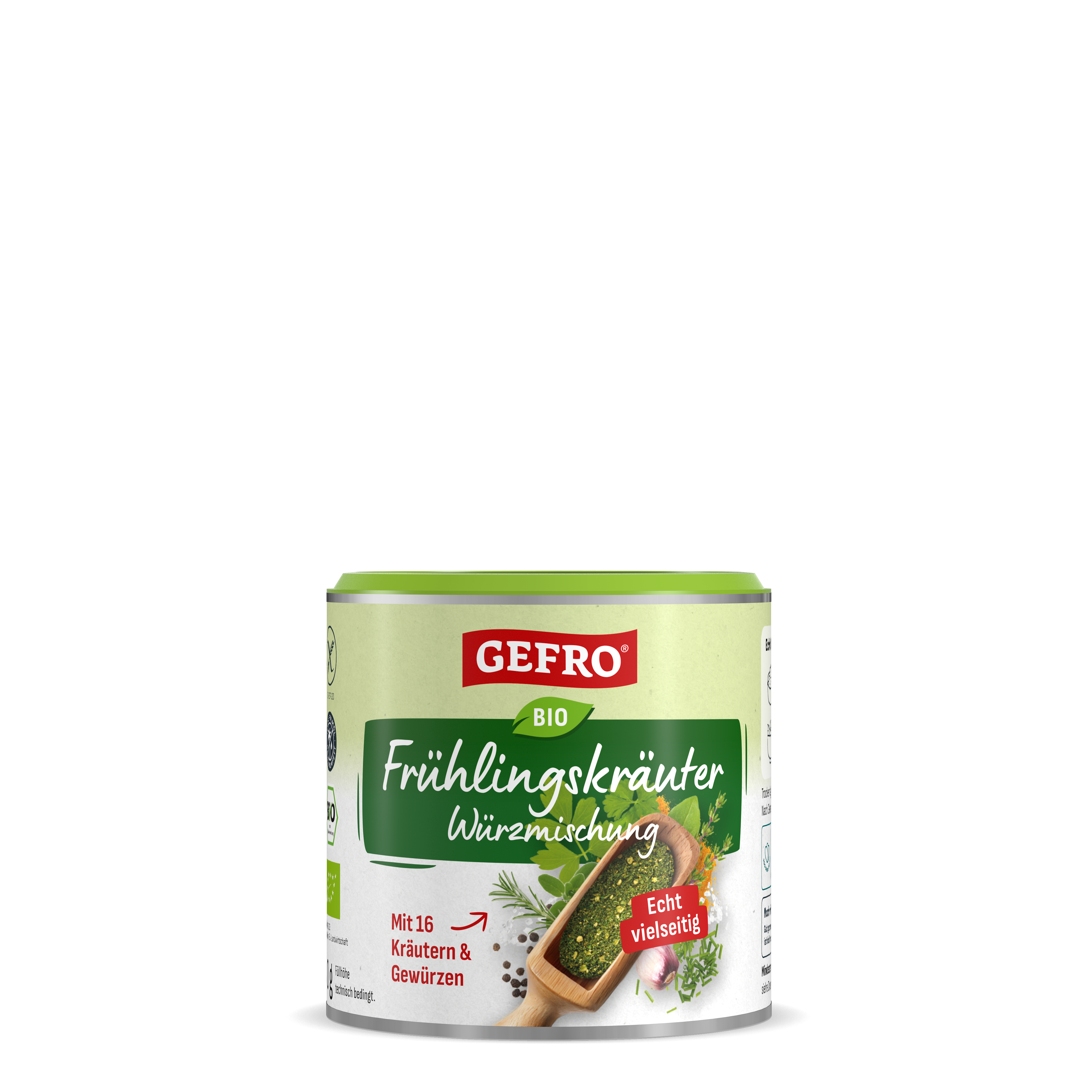 Dose GEFRO Bio Frühlingskräuter Würzmischung mit grünem Deckel, Produktansicht für Küche und vielseitiges Würzen
