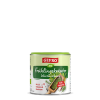 Dose GEFRO Bio Frühlingskräuter Würzmischung, grüne Gewürzmischung mit Kräutern auf weißem Hintergrund.