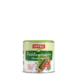 Dose GEFRO Bio Frühlingskräuter Würzmischung, grüne Gewürzmischung mit Kräutern auf weißem Hintergrund.