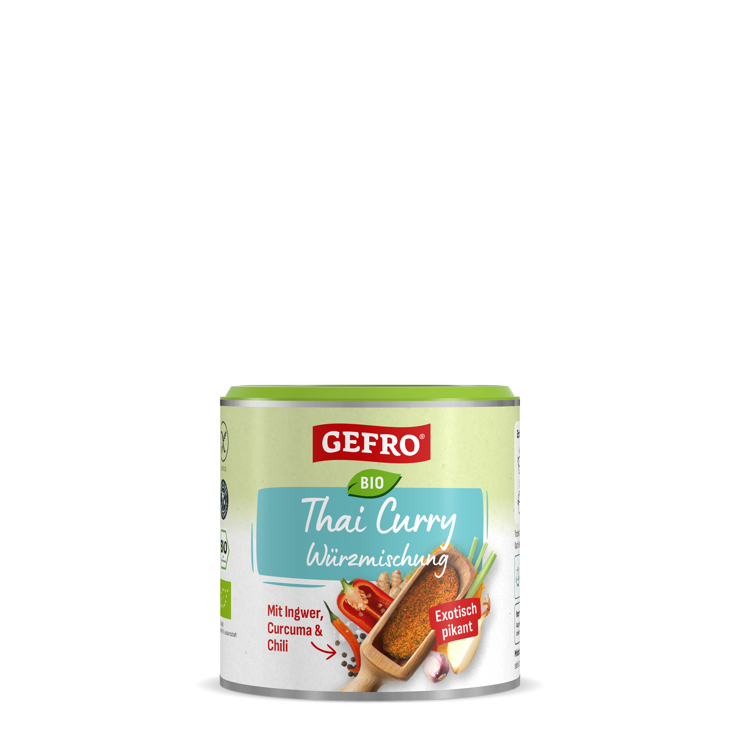 Dose GEFRO Bio Thai Curry Würzmischung mit grünem Deckel, abgebildet als exotisch pikante Gewürzmischung