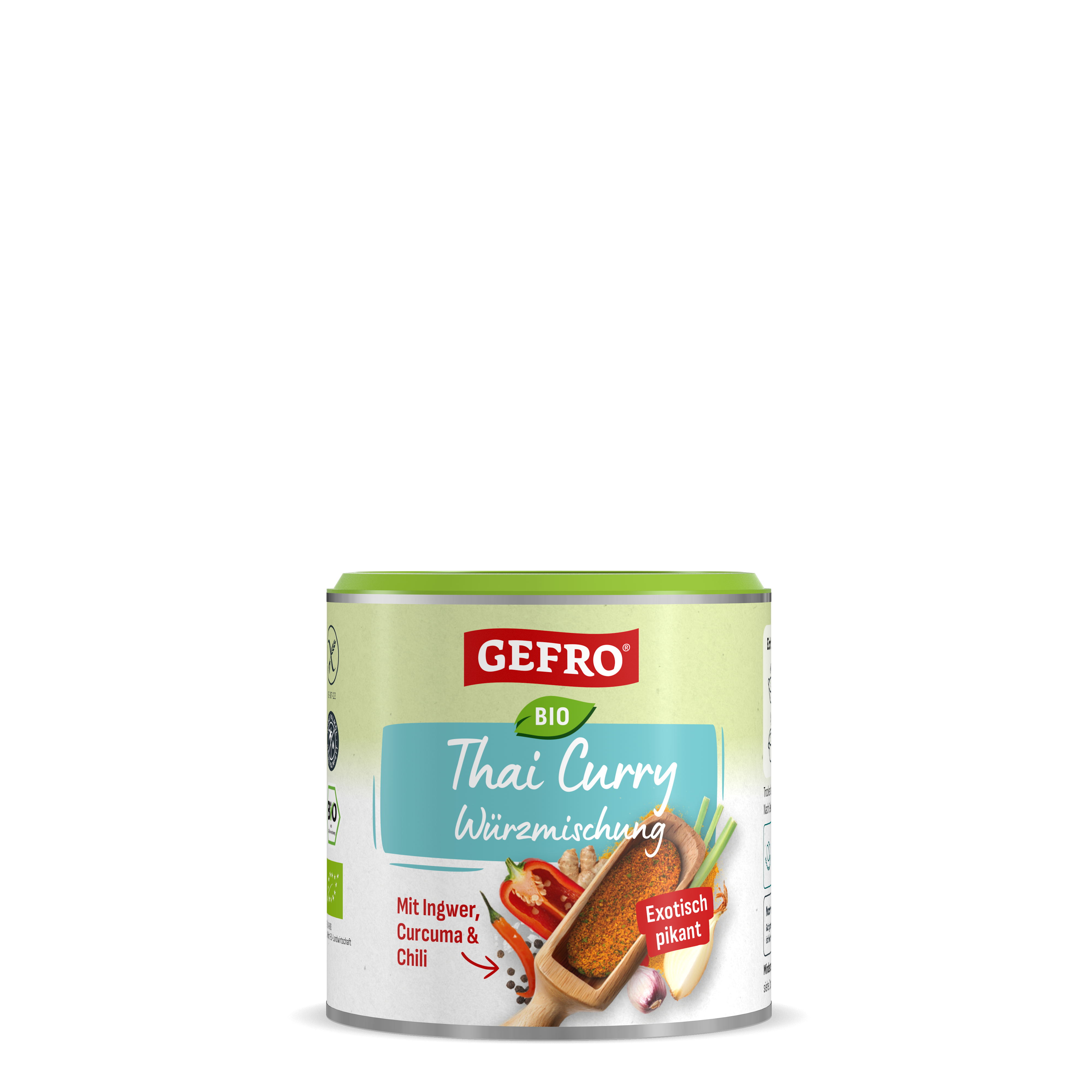 Dose GEFRO Bio Thai Curry Würzmischung mit grünem Deckel, abgebildet als exotisch pikante Gewürzmischung