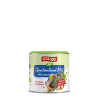 Dose Gefro Bio Griechenland Mix Würzmischung, vorne gezeigt, mit Paprika und Knoblauch, typisch griechisch gestaltet