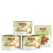 Drei Dosen GEFRO Bio Sauce Hollandaise mit einem Beutel Bella Italia Würzmischung als Produktset