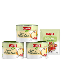 Drei Dosen GEFRO Bio Sauce Hollandaise mit einem Beutel Bella Italia Würzmischung als Produktset