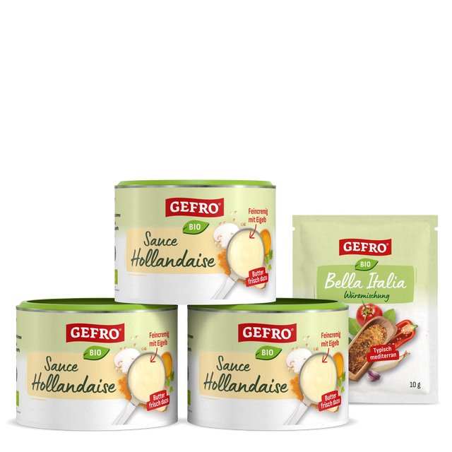 Drei Dosen GEFRO Bio Sauce Hollandaise mit einem Beutel Bella Italia Würzmischung als Produktset