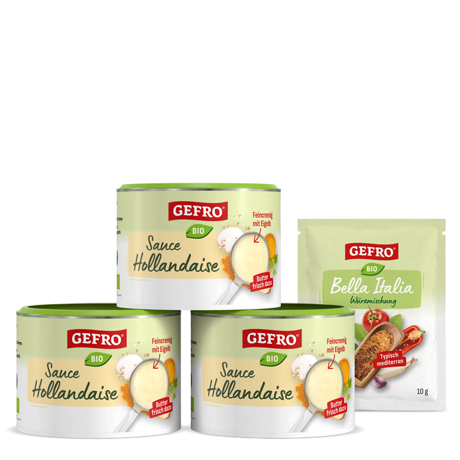 Drei Dosen GEFRO Bio Sauce Hollandaise mit einem Beutel Bella Italia Würzmischung als Produktset