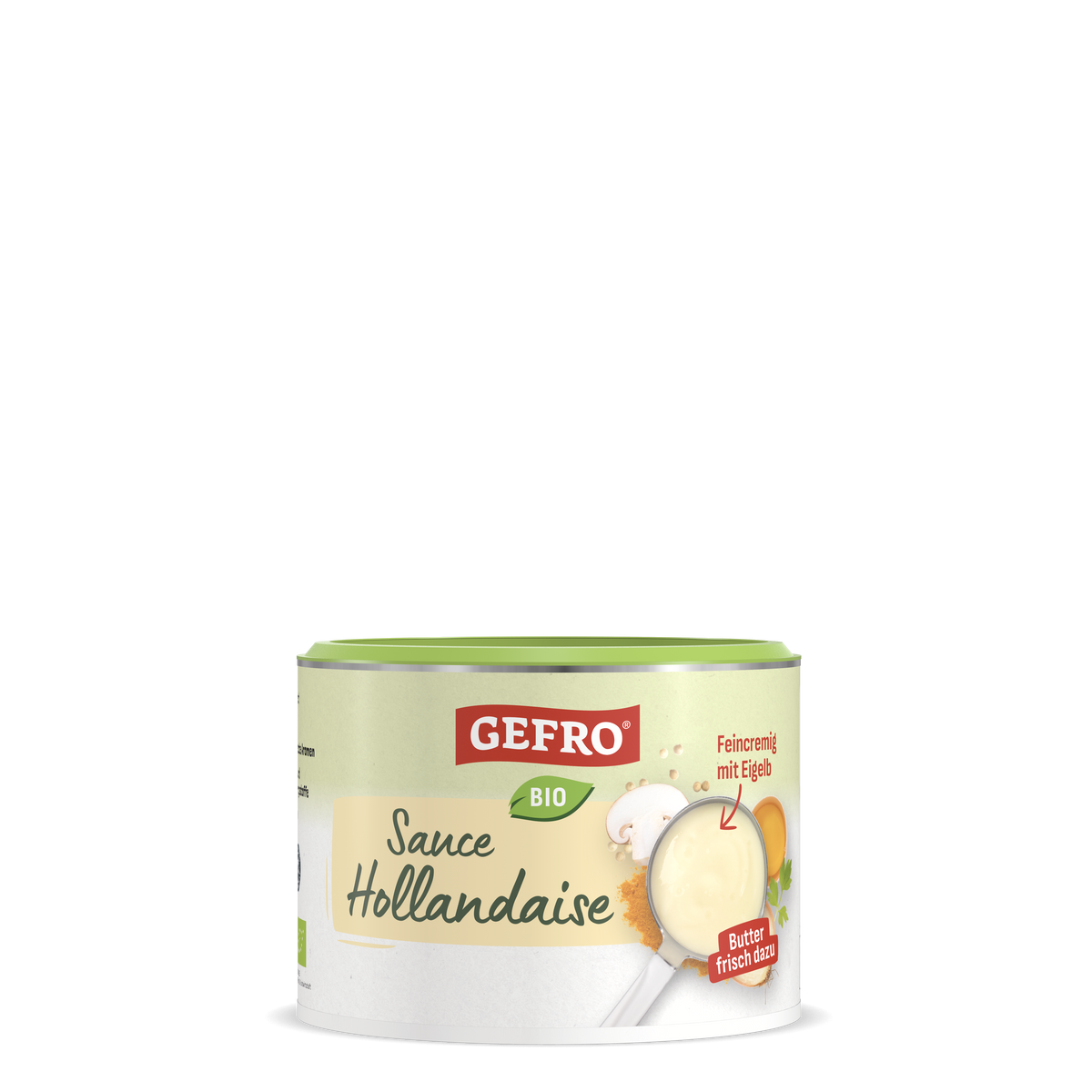 Dose GEFRO Bio Sauce Hollandaise mit grünem Deckel, Produktverpackung für feine cremige Sauce mit Eigelb