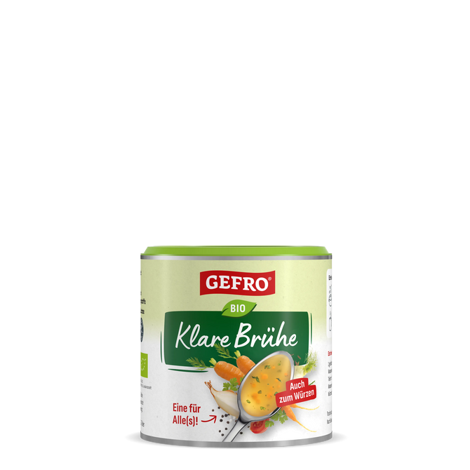 Gefro Bio Klare Brühe in runder Dose, Produktverpackung mit Löffel Suppe, Karotten und Hinweis zum Würzen