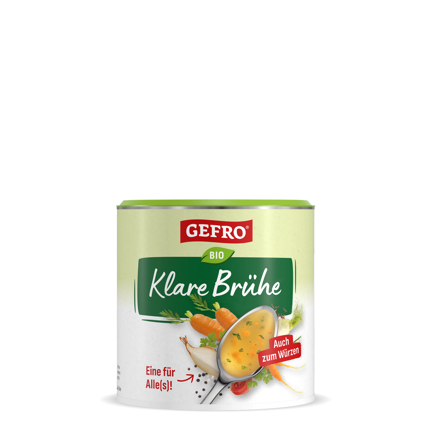 Dose GEFRO Bio Klare Brühe, vorne mit Löffel Suppe und Gemüse, als vielseitige Brühe zum Kochen und Würzen