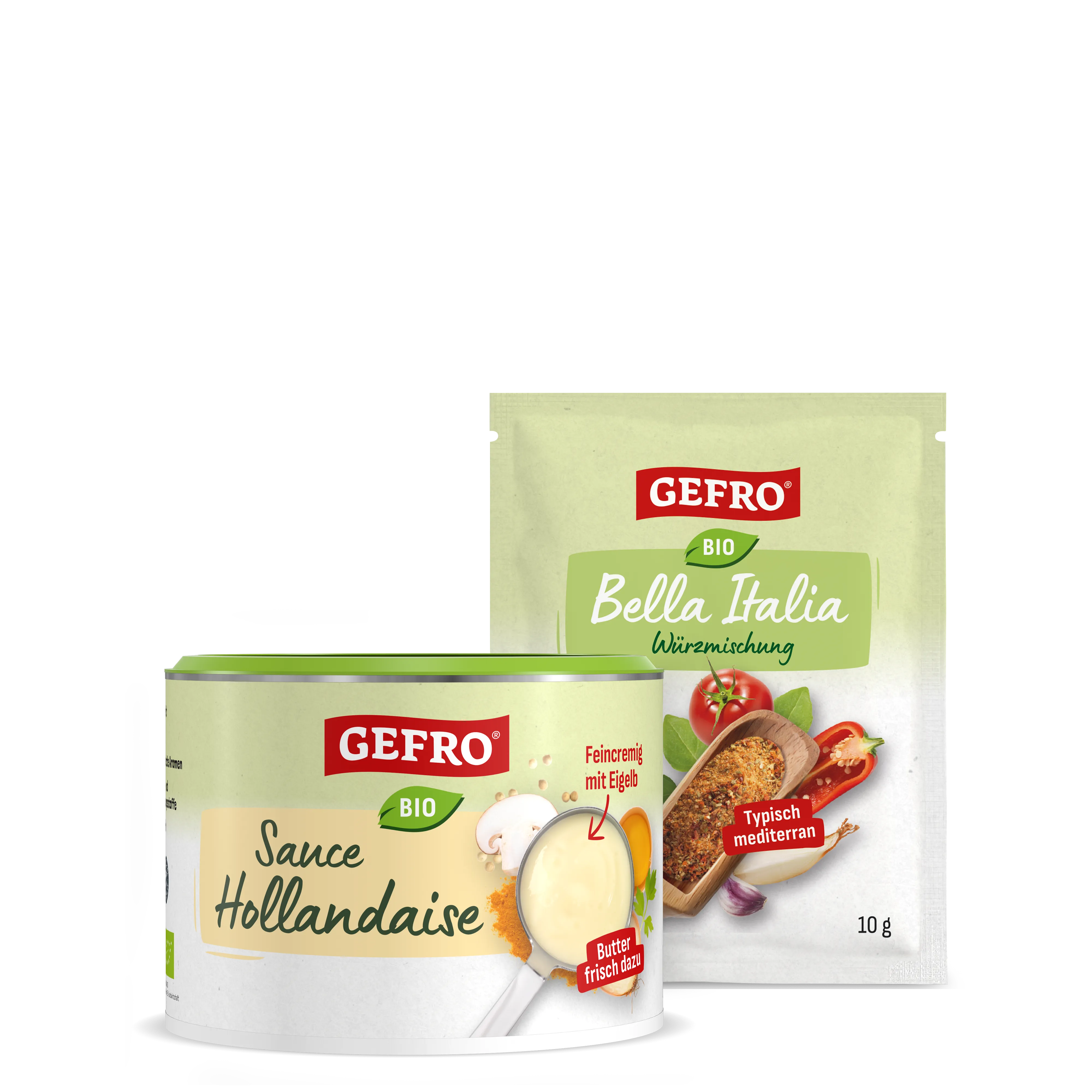 Zwei GEFRO Bio-Produkte: Dose Sauce Hollandaise und Beutel Bella Italia Würzmischung vor weißem Hintergrund