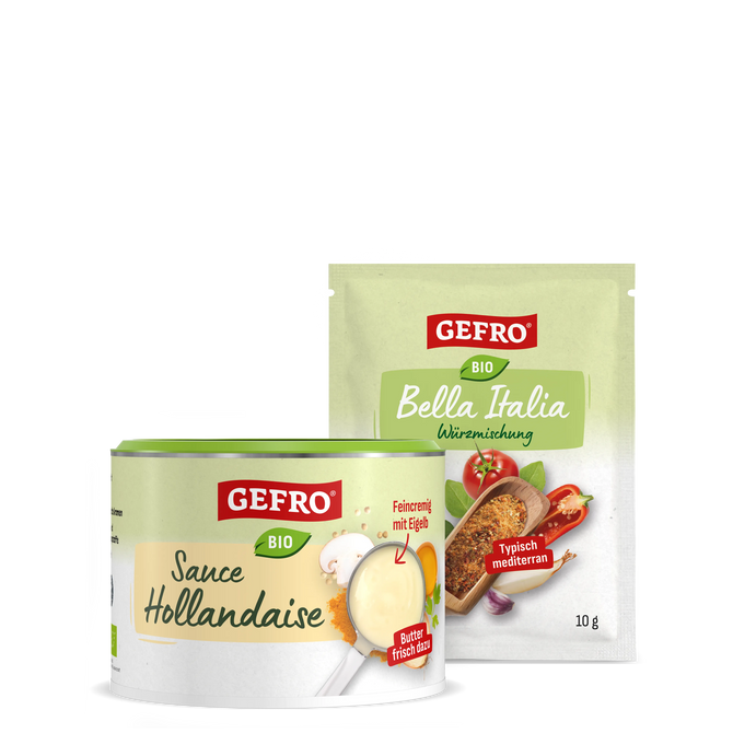 Zwei GEFRO Bio-Produkte: Dose Sauce Hollandaise und Beutel Bella Italia Würzmischung vor weißem Hintergrund