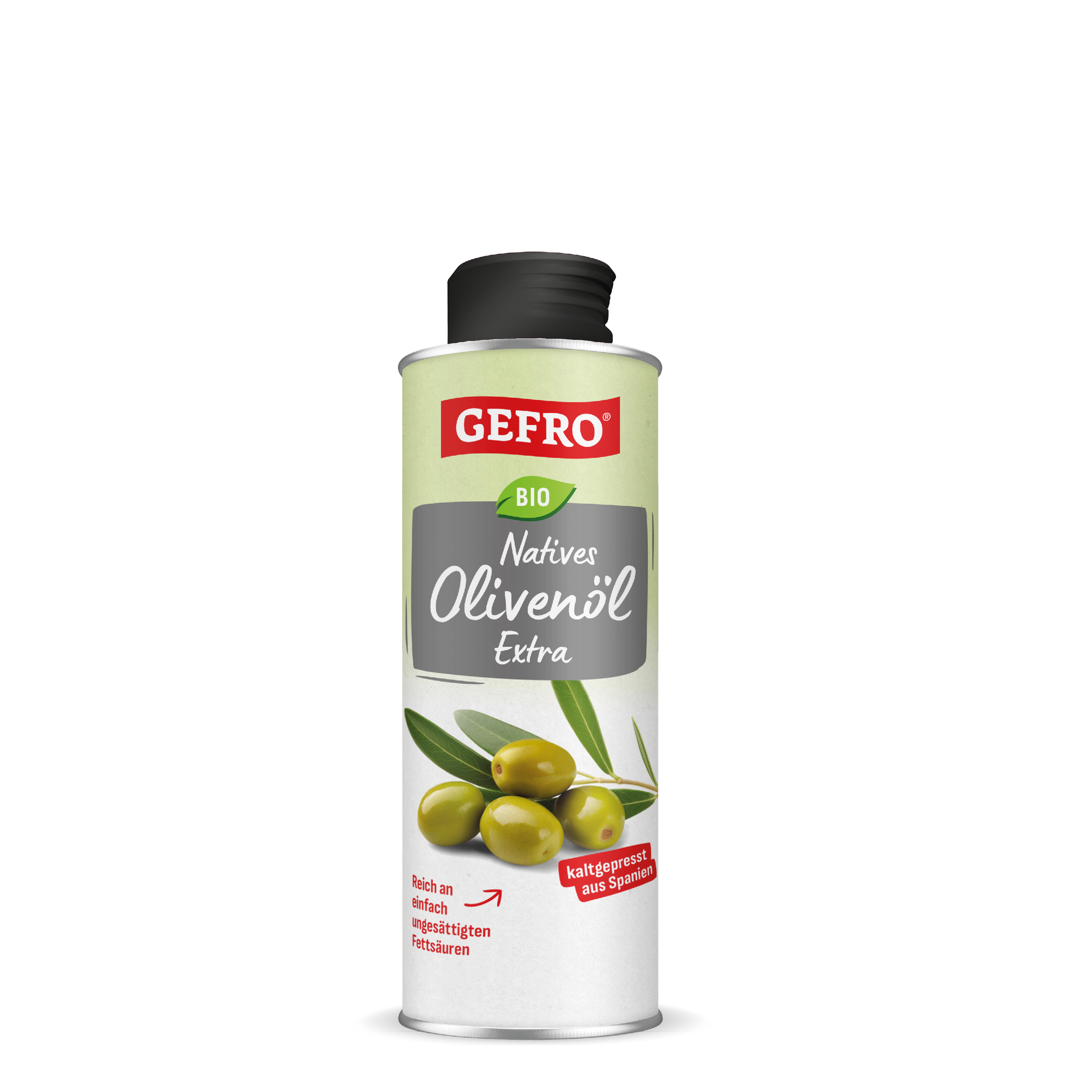 GEFRO Bio natives Olivenöl extra in heller Flasche mit schwarzem Verschluss und Abbildung grüner Oliven៛
