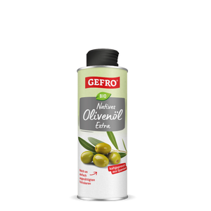 GEFRO Bio natives Olivenöl Extra in Dose mit schwarzem Deckel, Olivenmotiv und Hinweis auf Kaltpressung aus Spanien
