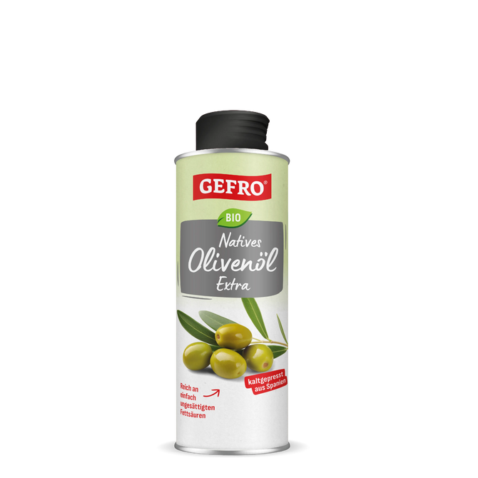 GEFRO Bio natives Olivenöl Extra in Dose mit schwarzem Deckel, Olivenmotiv und Hinweis auf Kaltpressung aus Spanien