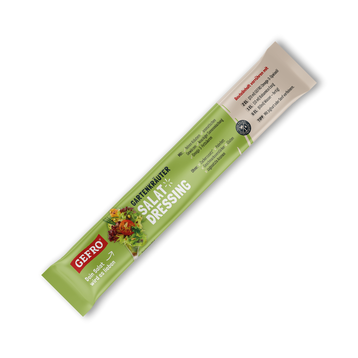 Grüner Portionsbeutel GEFRO Gartenkräuter Salat-Dressing, schräg dargestellt, für die schnelle Zubereitung von Dressing