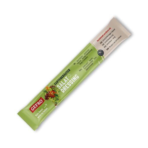 Grüner Portionsbeutel GEFRO Gartenkräuter Salat-Dressing, schräg dargestellt, für die schnelle Zubereitung von Dressing