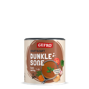 Dose Gefro Dunkle Soße, Vorderansicht mit Schöpfkelle und Gemüseabbildungen auf hellem Hintergrund