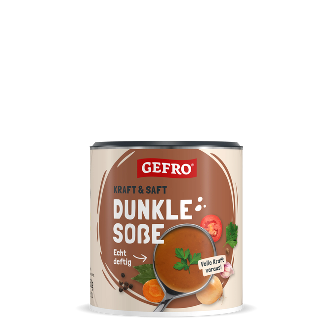 Dose Gefro Dunkle Soße, Vorderansicht mit Schöpfkelle und Gemüseabbildungen auf hellem Hintergrund