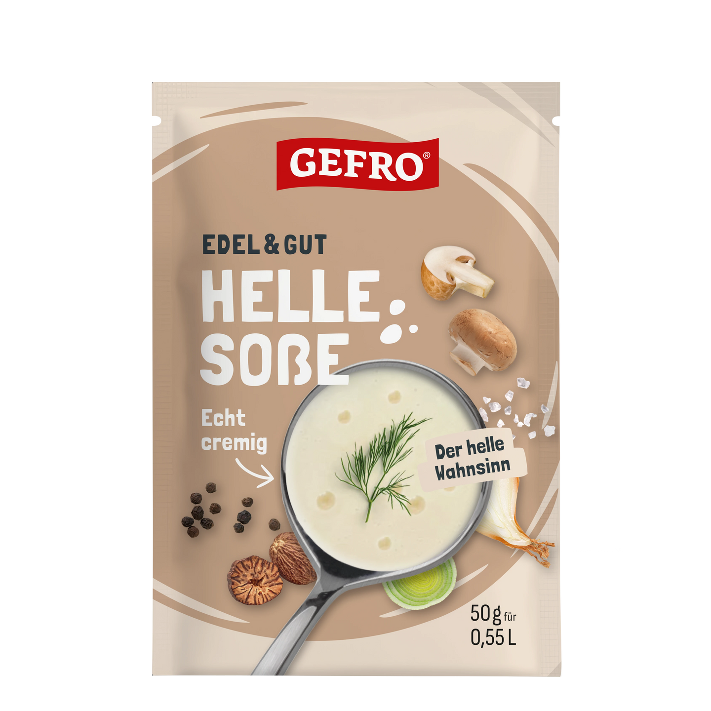 GEFRO Edel & Gut helle Soße, Verpackung mit cremiger Soße im Topf und Pilzen, 50 g für 0,55 Liter
