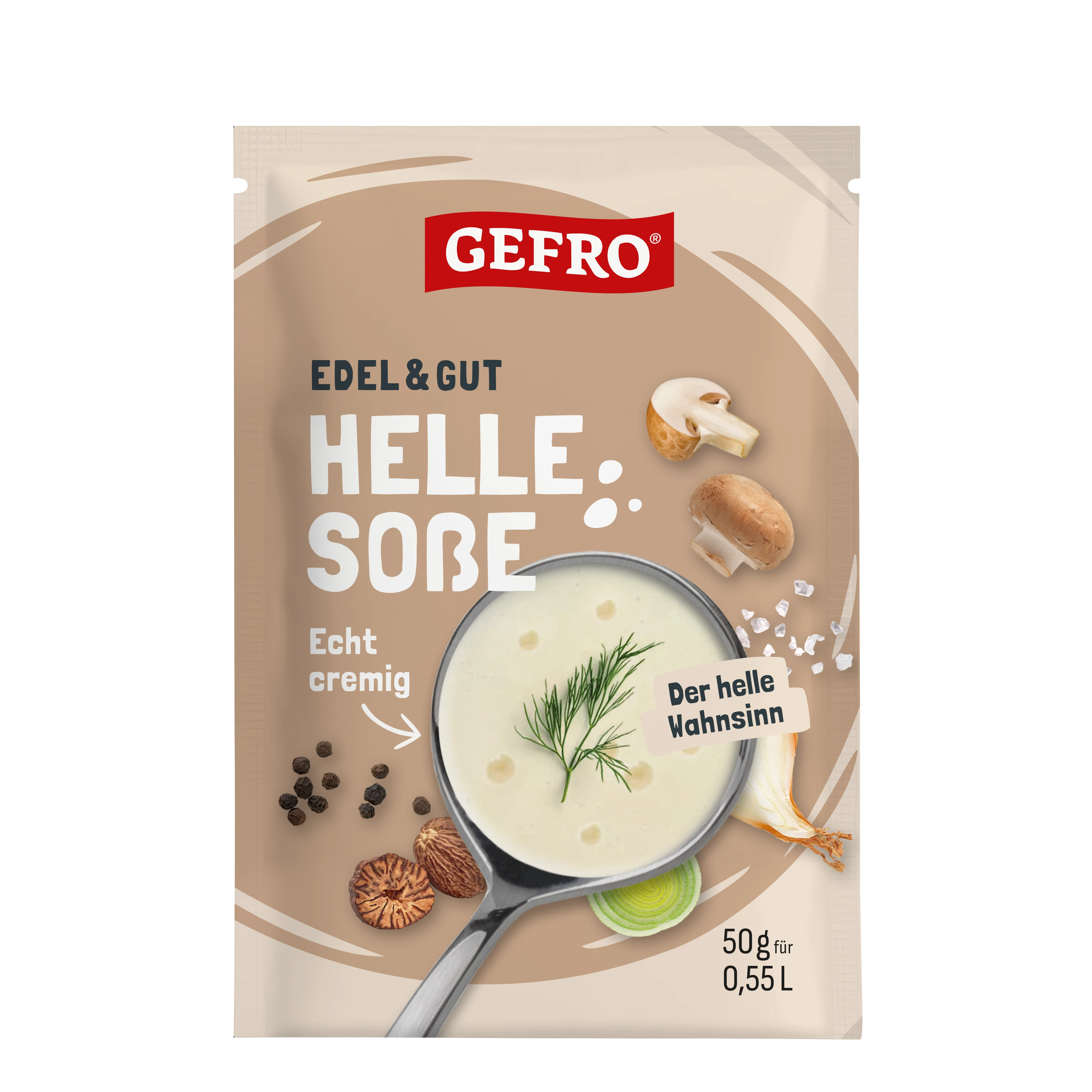 GEFRO Edel & Gut helle Soße, Verpackung mit cremiger Soße im Topf und Pilzen, 50 g für 0,55 Liter