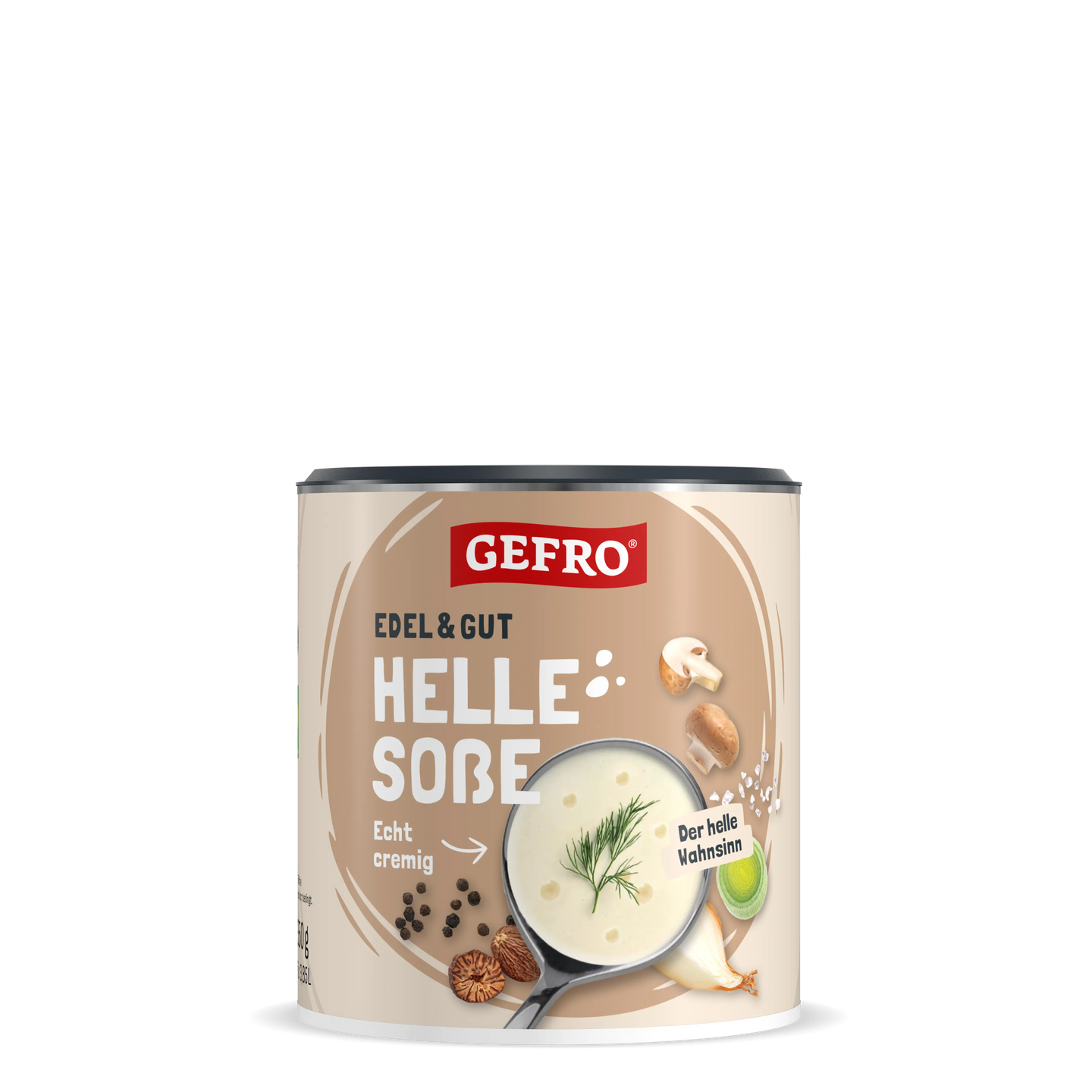 Dose GEFRO Helle Soße, cremige helle Sauce zum Kochen und Verfeinern, mit Pilzen, Zwiebel und Lauch abgebildet