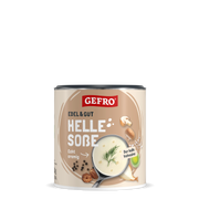 Dose GEFRO Helle Soße, cremige helle Sauce zum Kochen und Verfeinern, mit Pilzen, Zwiebel und Lauch abgebildet