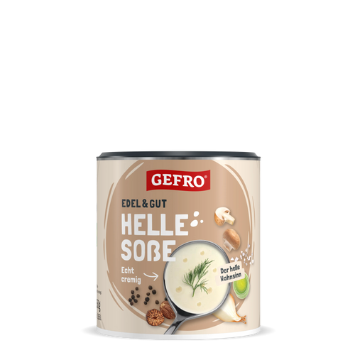 Dose GEFRO Helle Soße, cremige helle Sauce zum Kochen und Verfeinern, mit Pilzen, Zwiebel und Lauch abgebildet