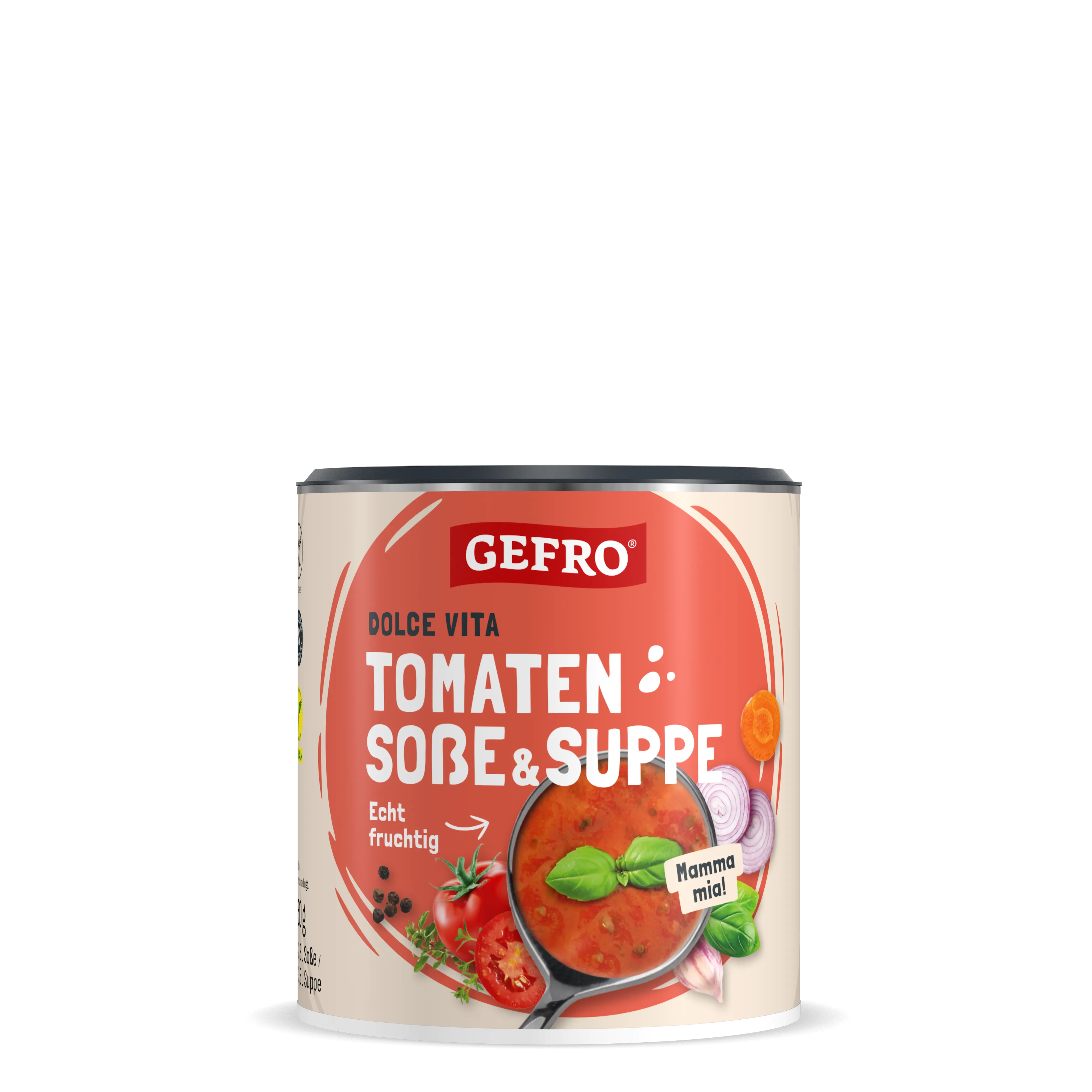 Dose Gefro Dolce Vita Tomaten Soße & Suppe mit rotem Etikett und Abbildung von Tomaten, Basilikum und Suppe.