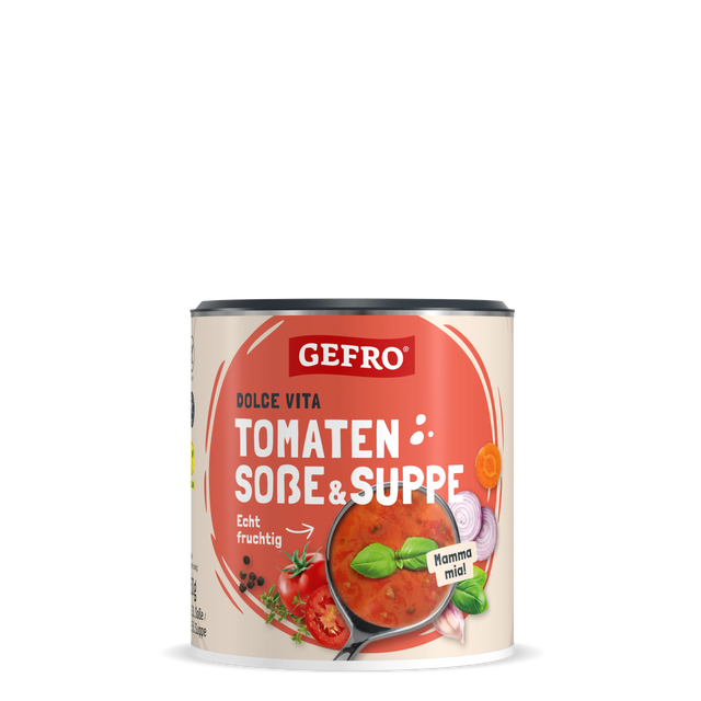 Dose Gefro Dolce Vita Tomaten Soße & Suppe mit rotem Etikett und Abbildung von Tomaten, Basilikum und Suppe.